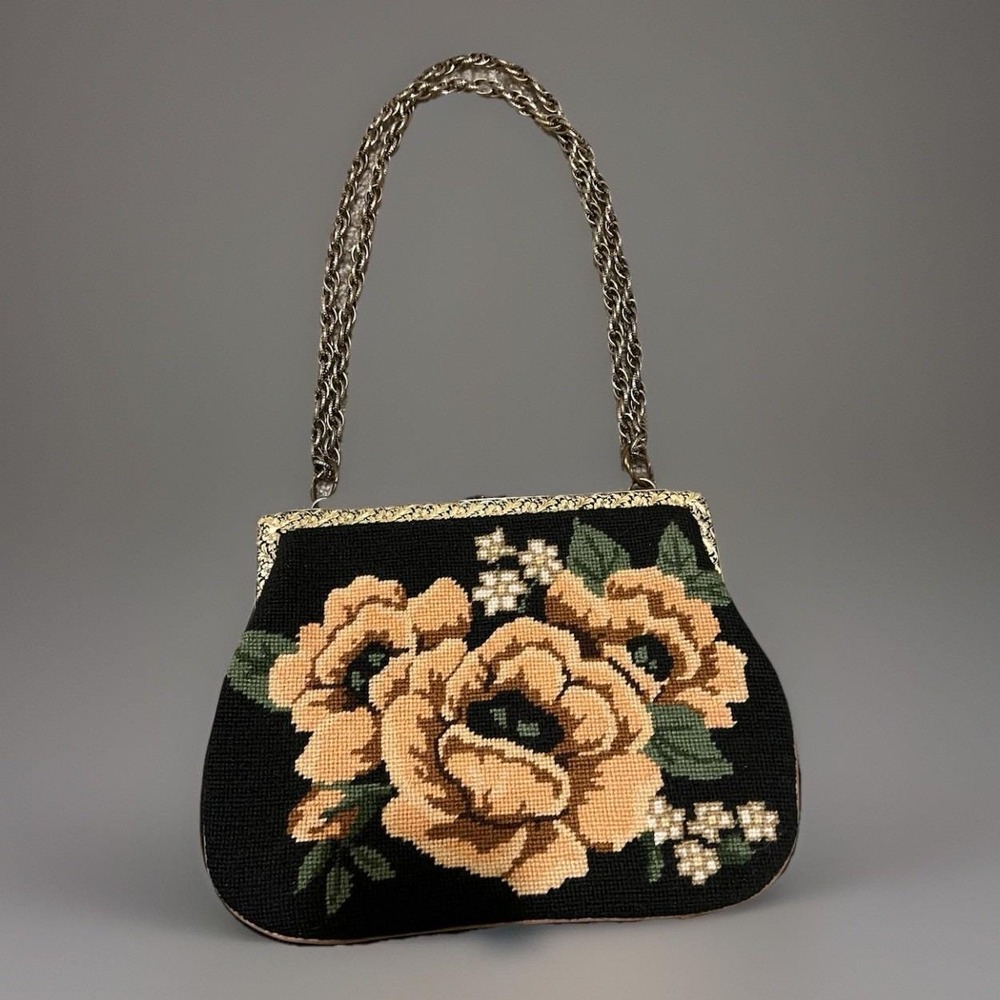 Vintage Tapestry Floral Needlepoint Handbag Convertible Chain Strap